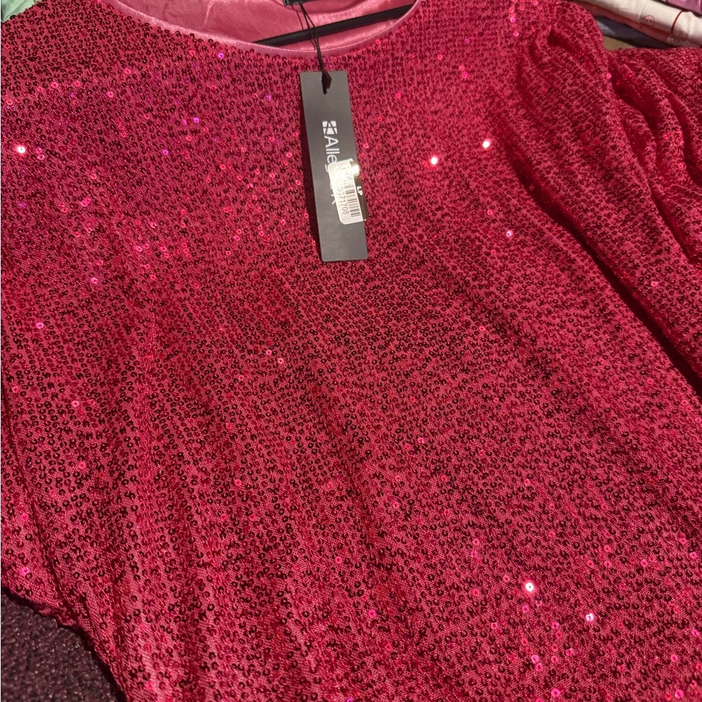 Allegra K Pink Sequin Short Sleeve Top - Picture 4 of 5